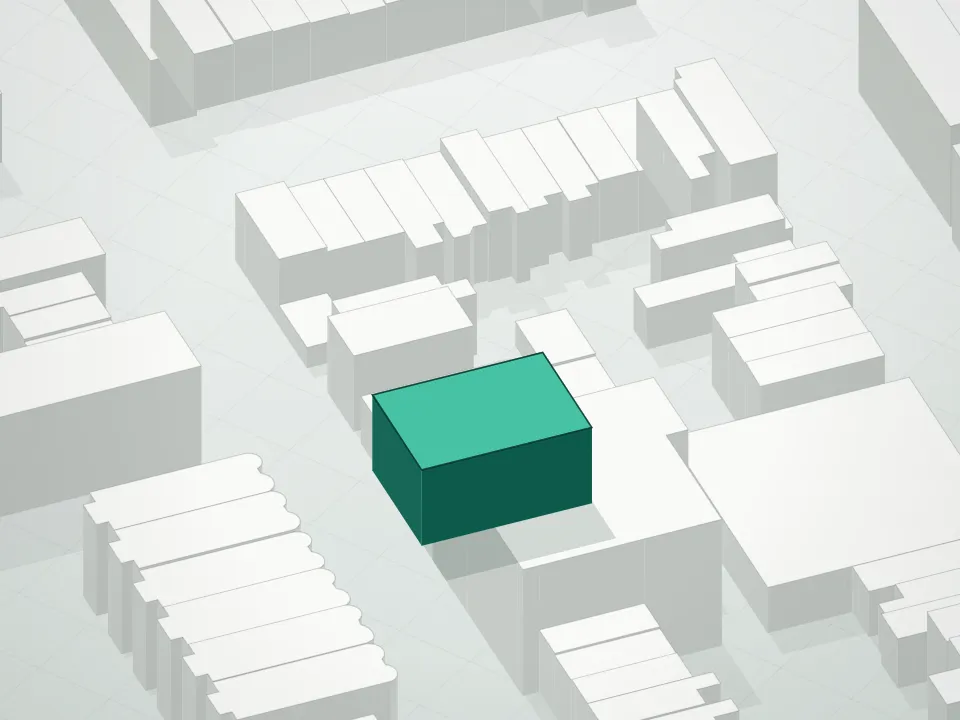 3D massing drawing of 333 14th Street Condominium and neighboring buildings