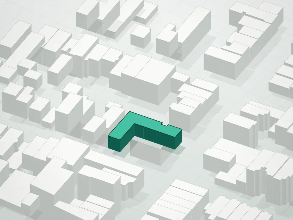 3D massing drawing of 605 Lorimer Street Condominium and neighboring buildings