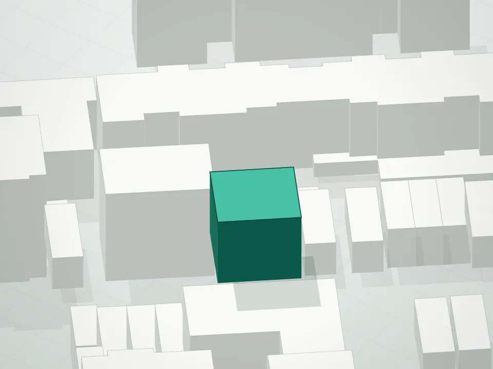 3D massing drawing of Cherry Plaza Condominium and neighboring buildings