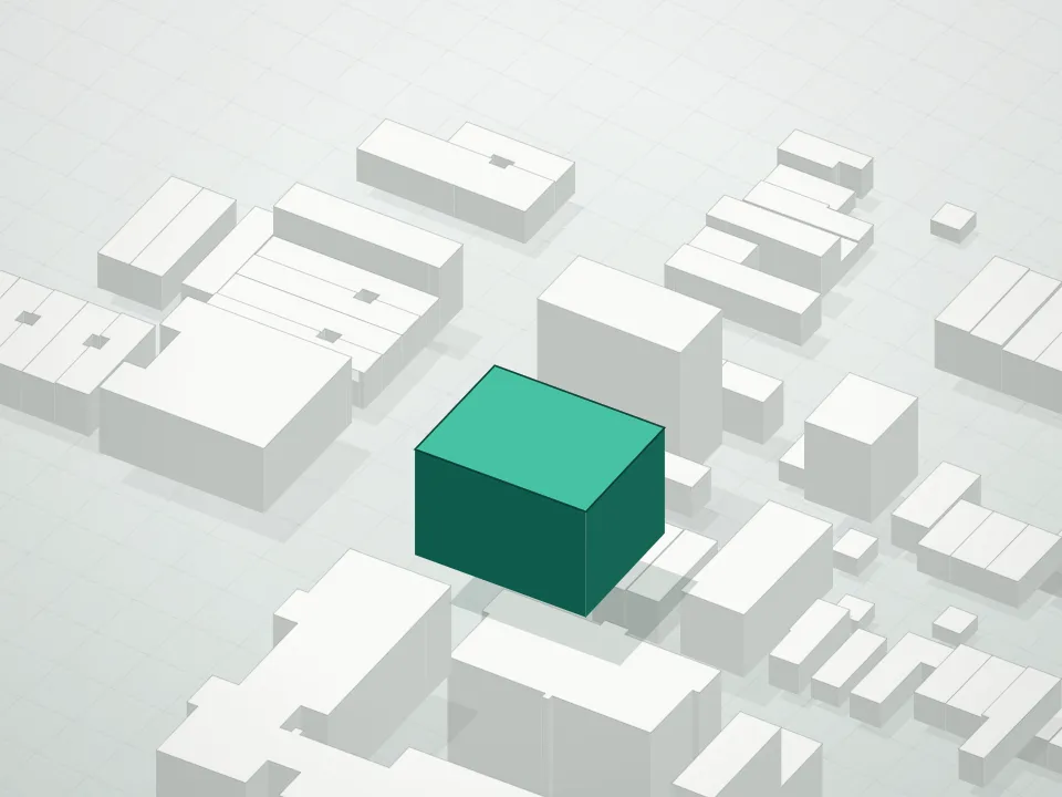 3D massing drawing of Albany Avenue Estates Ii Condominium and neighboring buildings