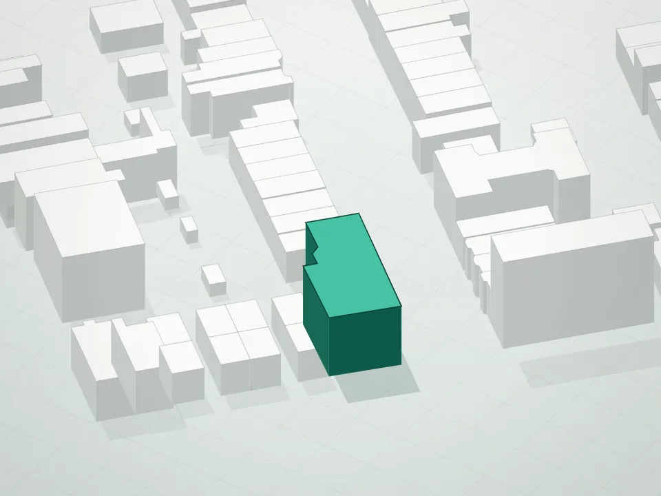 3D massing drawing of Opal 33 Condominium and neighboring buildings