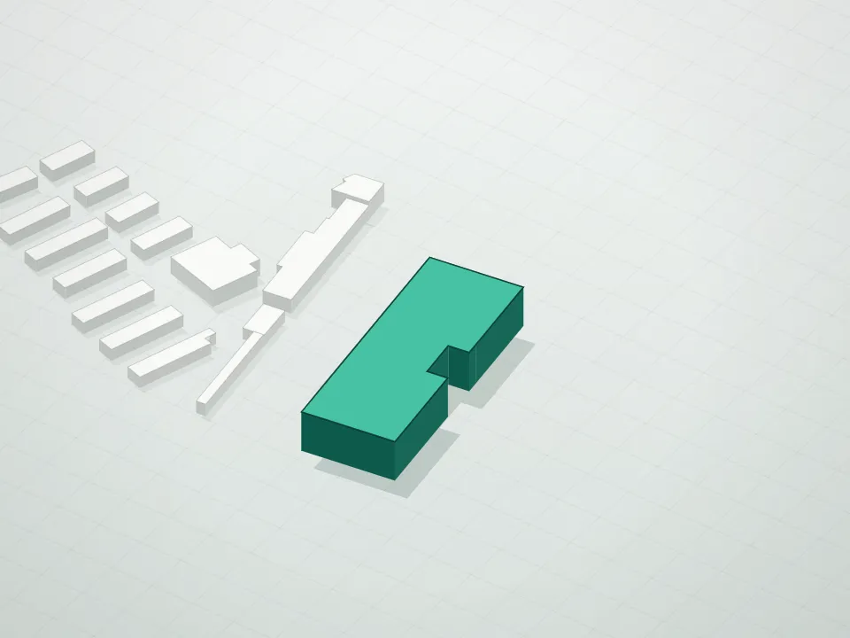 3D massing drawing of 100 Boardwalk Condominium and neighboring buildings