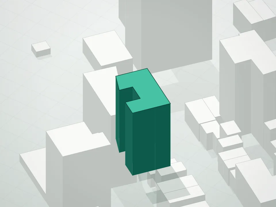 3D massing drawing of Six Garfield Place Condominium and neighboring buildings