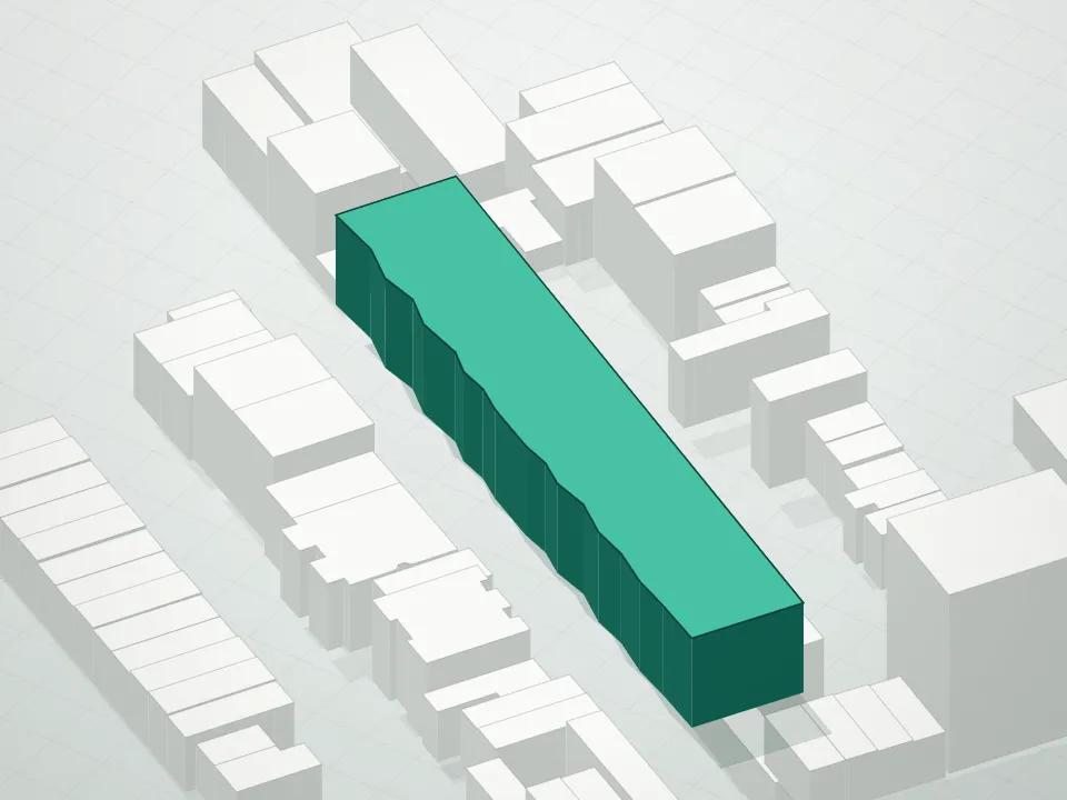 3D massing drawing of Bergen and neighboring buildings