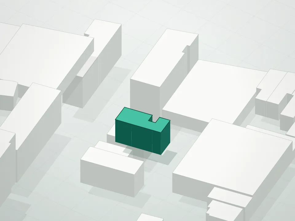 3D massing drawing of Bsd Warwick and neighboring buildings