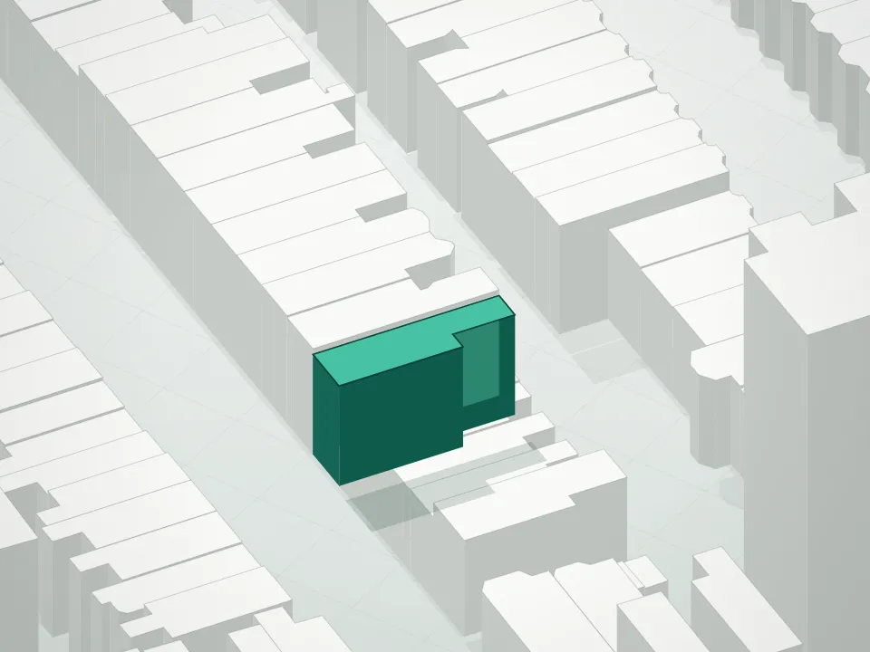 3D massing drawing of 853 Carroll Street Condominium and neighboring buildings