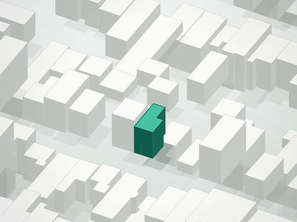 3D massing drawing of 25 Conselyea Street Condominium and neighboring buildings