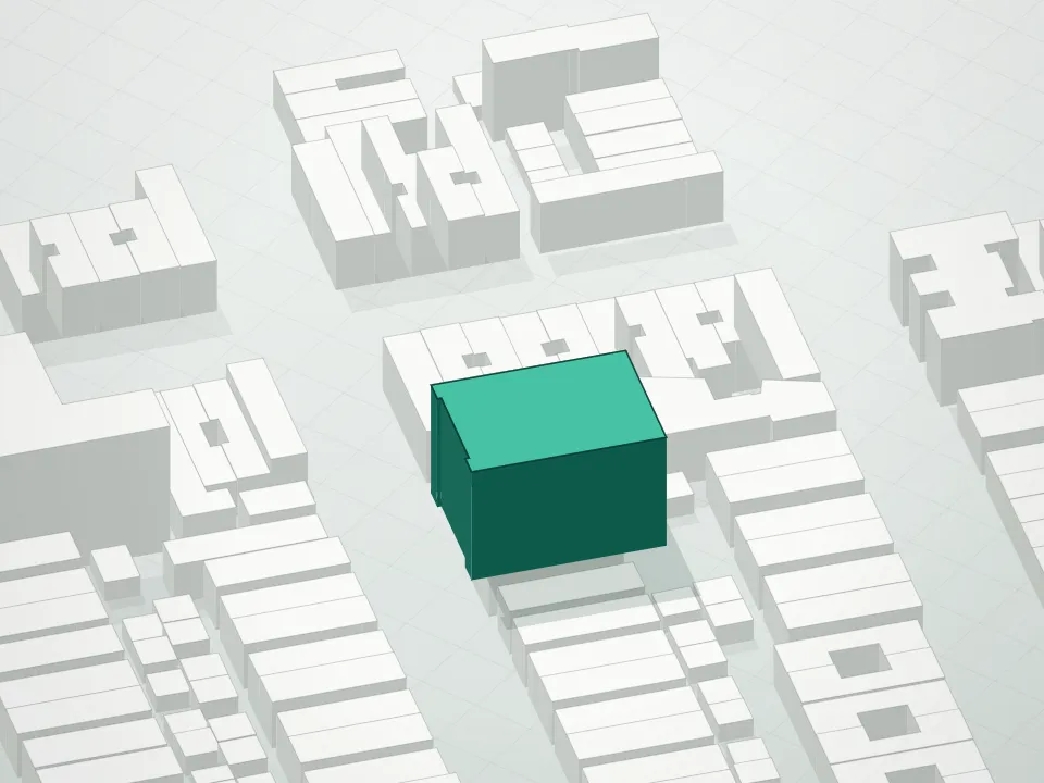 3D massing drawing of Placid 45 Condominium and neighboring buildings