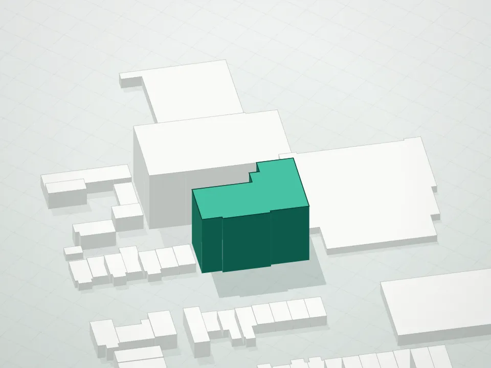 3D massing drawing of Fabric Astoria 46th Street Condominium and neighboring buildings