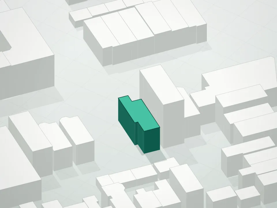 3D massing drawing of Mona Condominium and neighboring buildings