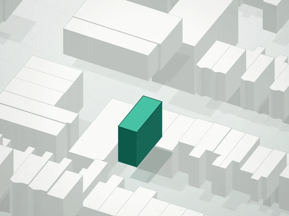 3D massing drawing of Jefferson Gardens Condominium and neighboring buildings