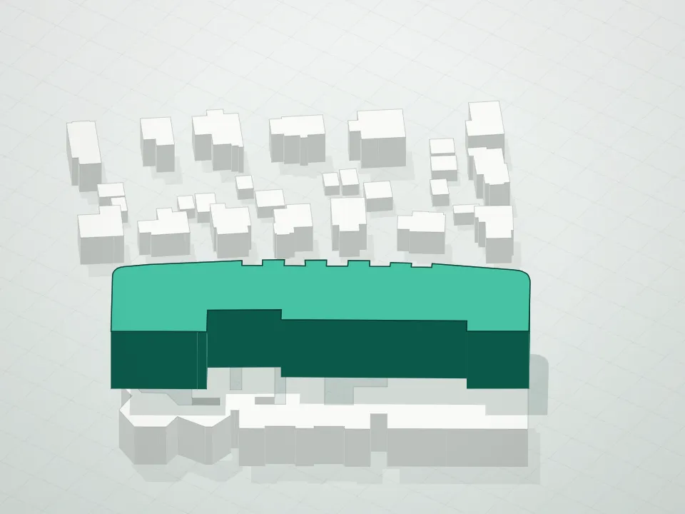 3D massing drawing of Austin Condominium and neighboring buildings