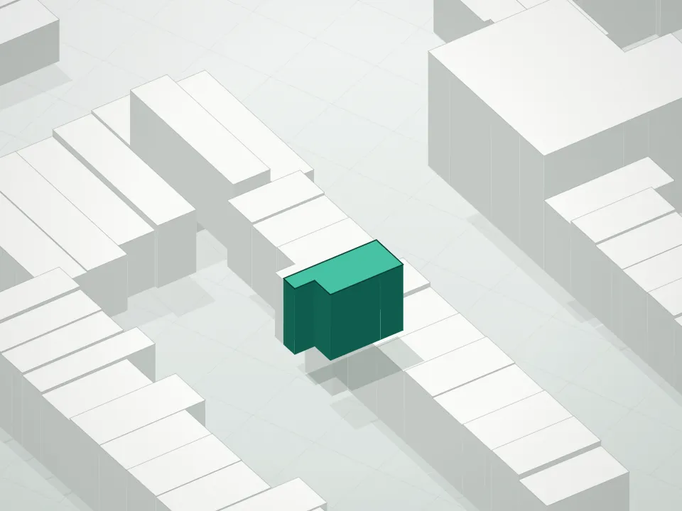 3D massing drawing of 74 Carroll Street Condominium and neighboring buildings