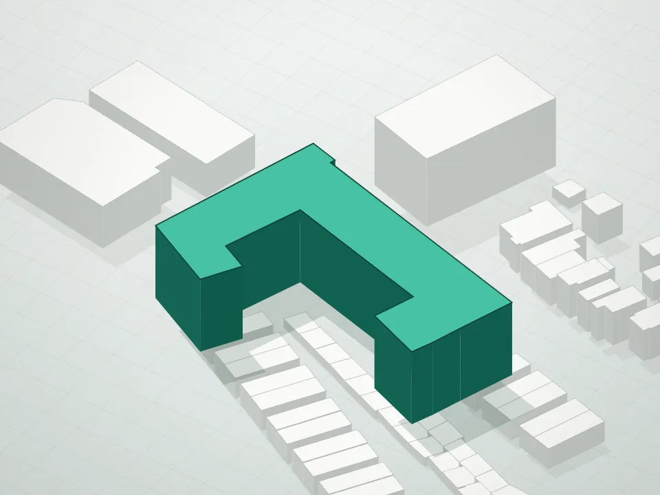 3D massing drawing of Nusun Vernon and neighboring buildings