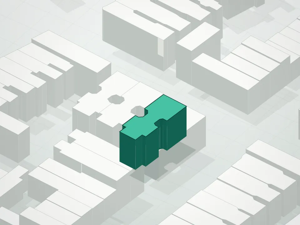 3D massing drawing of 744 Park Place Condominium and neighboring buildings