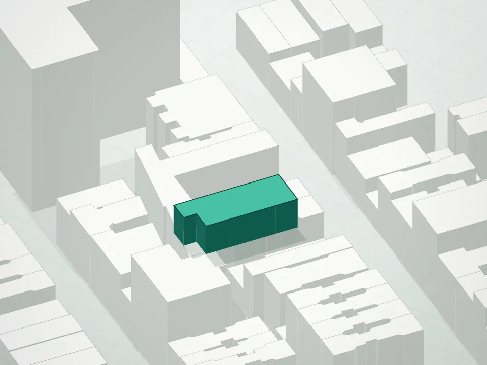 3D massing drawing of 420 East 75th Street Condominium and neighboring buildings