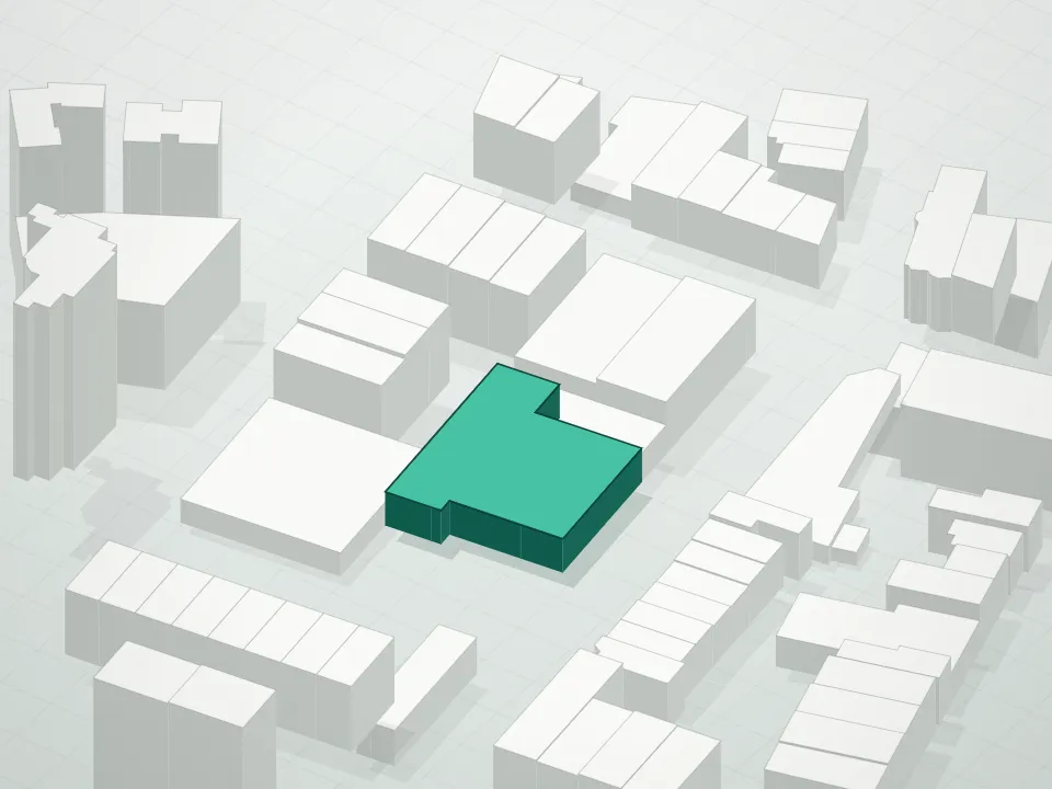 3D massing drawing of 65 Eckford Condominiums and neighboring buildings