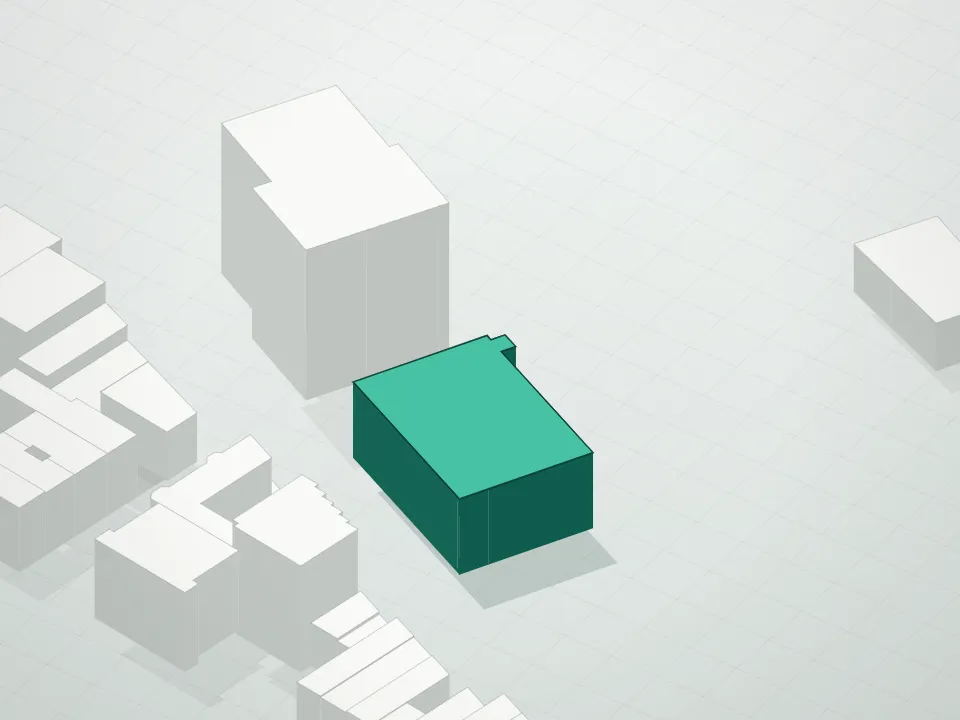 3D massing drawing of Role Bk and neighboring buildings