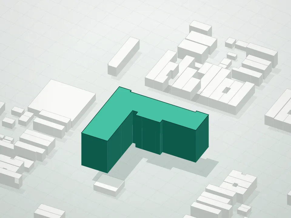 3D massing drawing of 2102 East 1st Street Condominium and neighboring buildings
