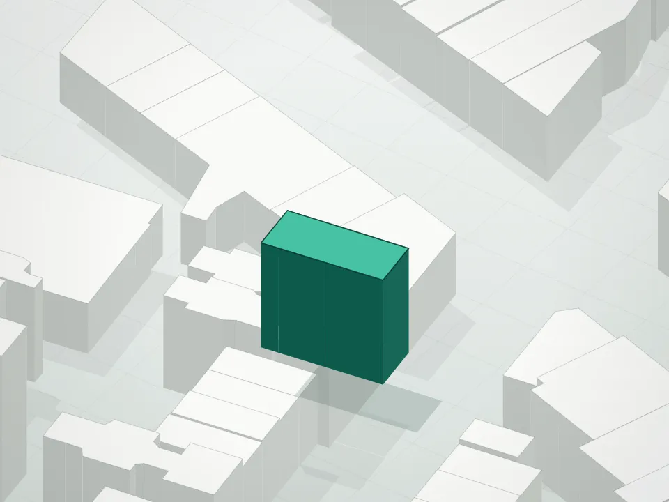 3D massing drawing of James - Boutique Condominium Building and neighboring buildings