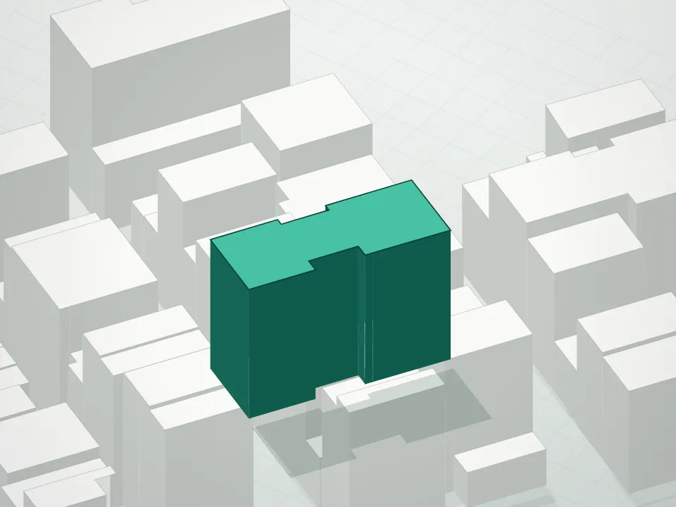 3D massing drawing of 16 West 18 Street Condominium and neighboring buildings