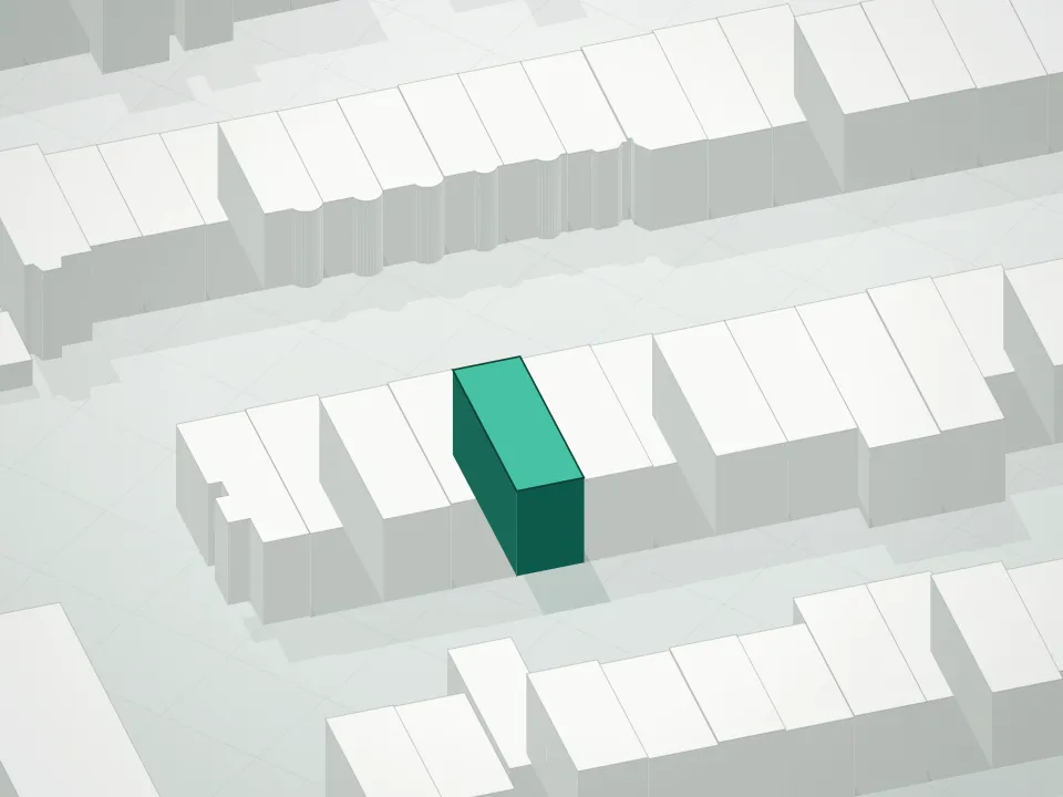 3D massing drawing of 134 Weirfield Street Condominium and neighboring buildings