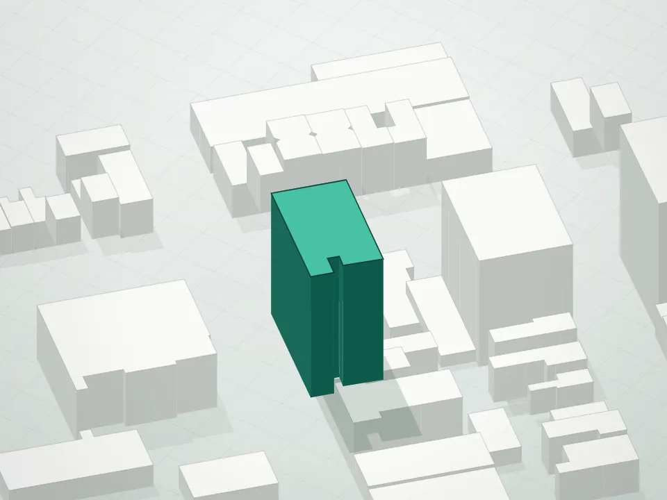 3D massing drawing of Lumina and neighboring buildings