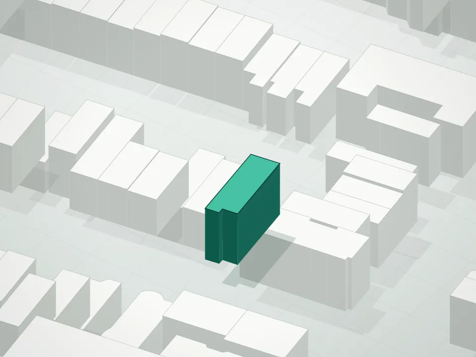3D massing drawing of Pulaski Gardens Condominium and neighboring buildings