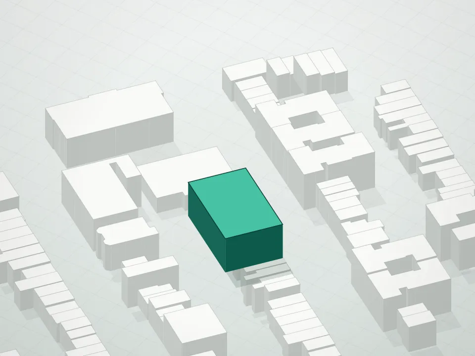 3D massing drawing of Ainsley Condominium and neighboring buildings