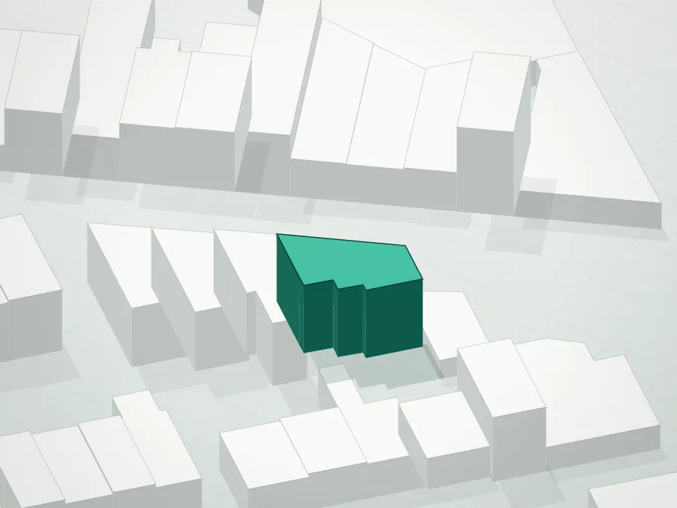 3D massing drawing of 1048 Flushing Avenue Condominium and neighboring buildings