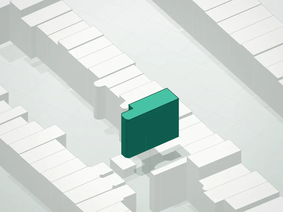 3D massing drawing of 76 1st Place Condominium and neighboring buildings