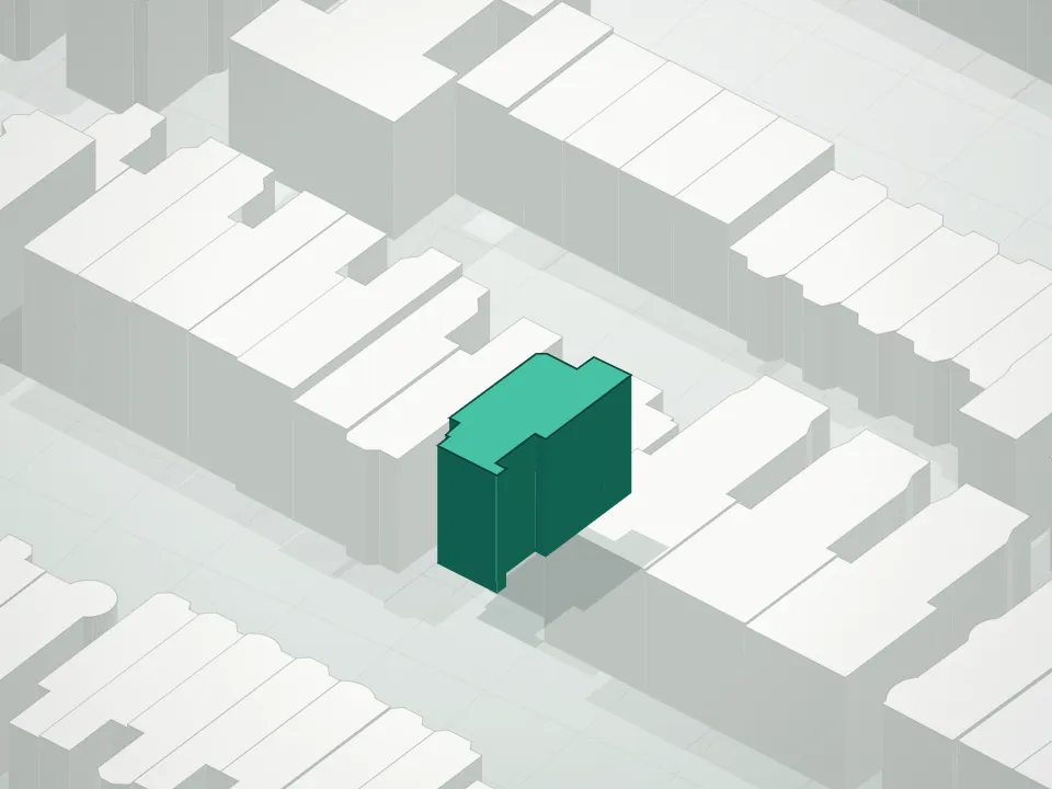3D massing drawing of 1375 Dean Condominium and neighboring buildings