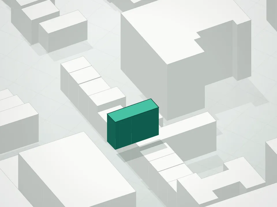 3D massing drawing of 101 South 4th Street Condominium and neighboring buildings