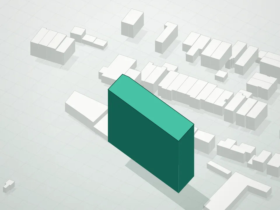 3D massing drawing of Skyhill Tower Condominium and neighboring buildings