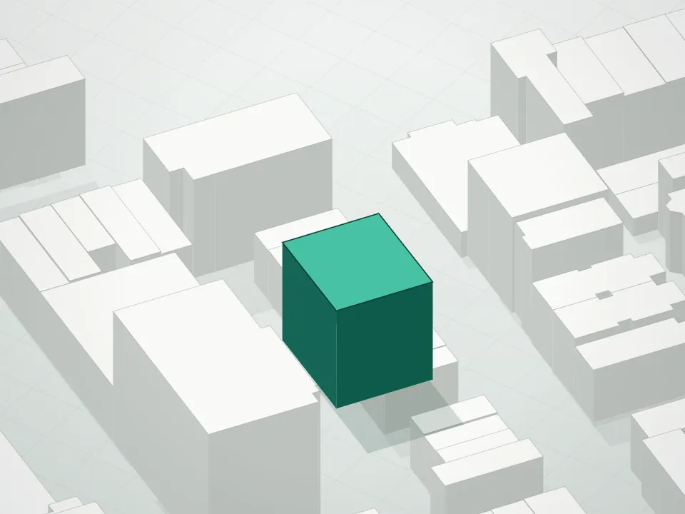 3D massing drawing of Vista Noble Tower Condominium and neighboring buildings