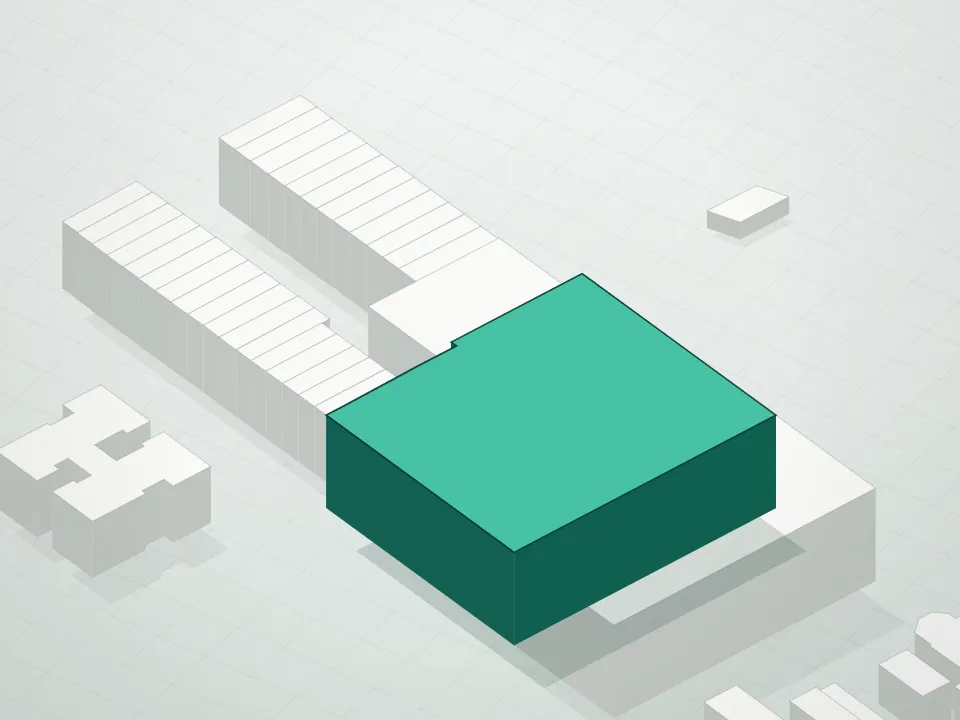 3D massing drawing of Vesta Condominium and neighboring buildings