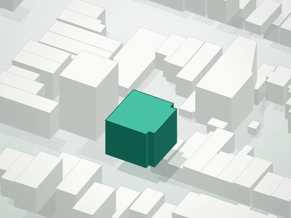 3D massing drawing of 229 Withers Street Condominium and neighboring buildings