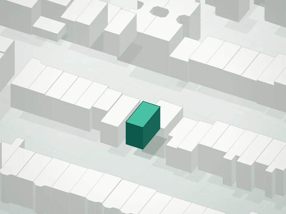 3D massing drawing of Katan Court Condominium and neighboring buildings