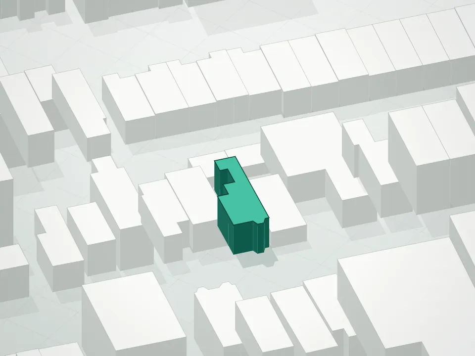 3D massing drawing of 53 Stanhope Street Condominium and neighboring buildings
