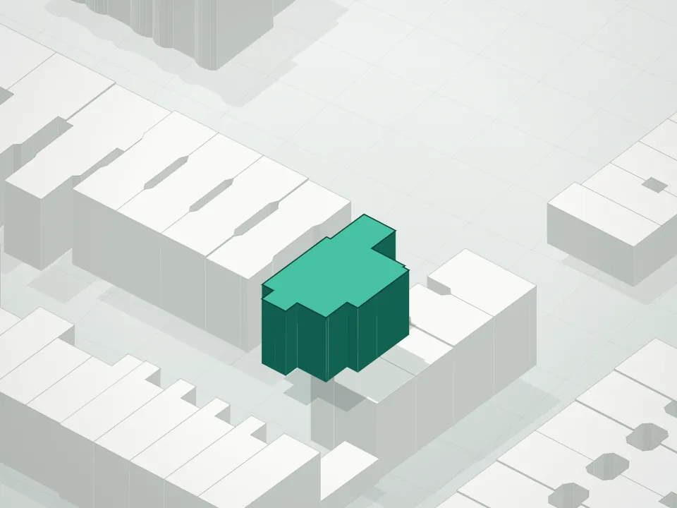 3D massing drawing of 1450 Pacific Condominium and neighboring buildings