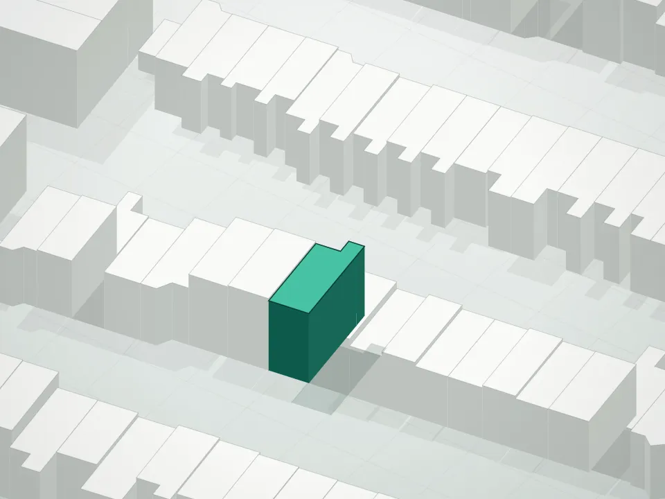 3D massing drawing of 387 Decatur Street Condominium and neighboring buildings