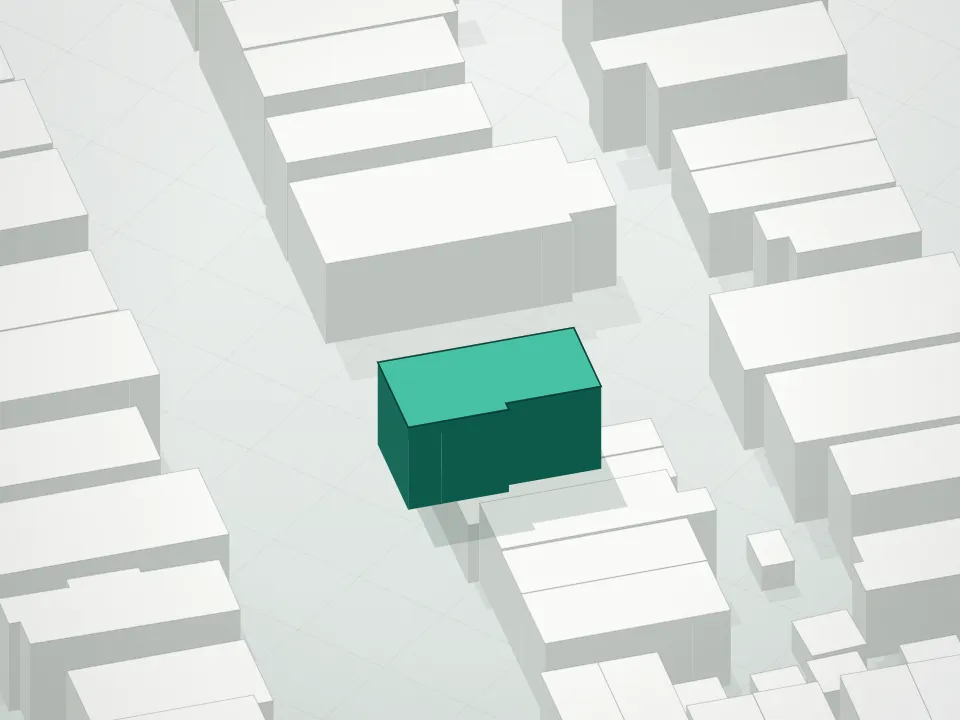 3D massing drawing of 1451 59th Street Condominium and neighboring buildings