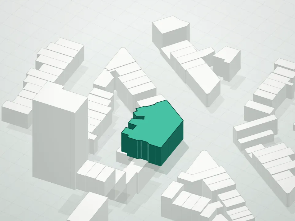 3D massing drawing of Portland Condominium and neighboring buildings