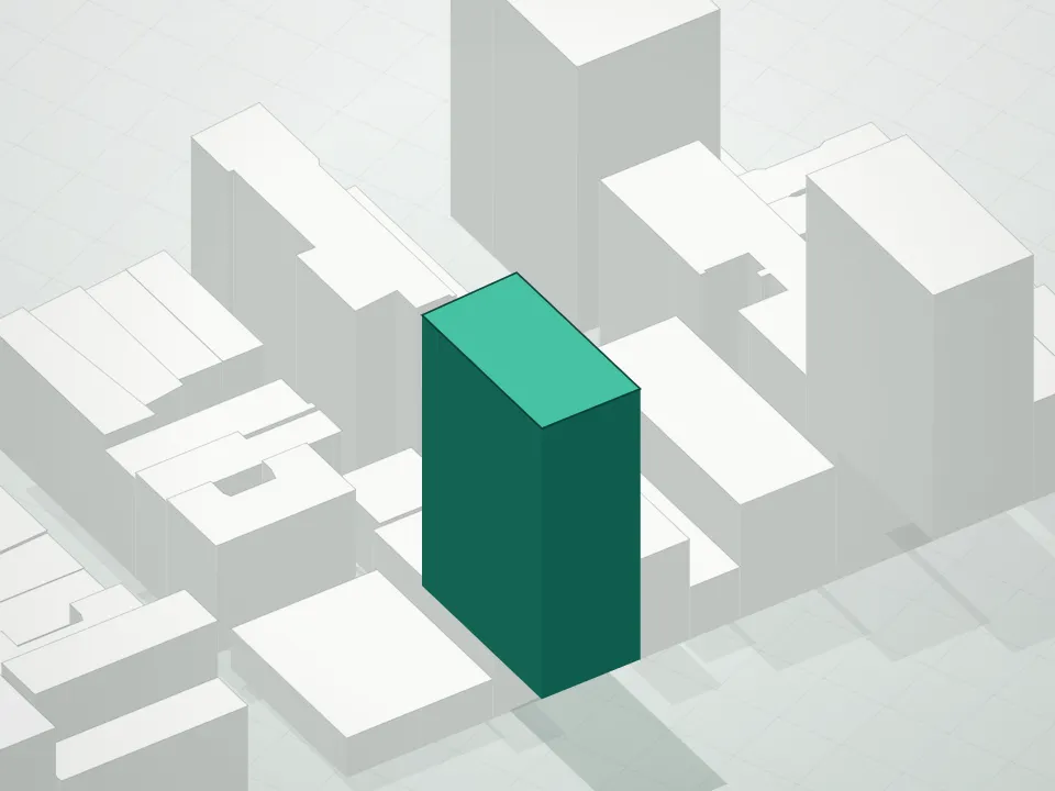 3D massing drawing of Freeman Residences At The Freeman Condominium and neighboring buildings