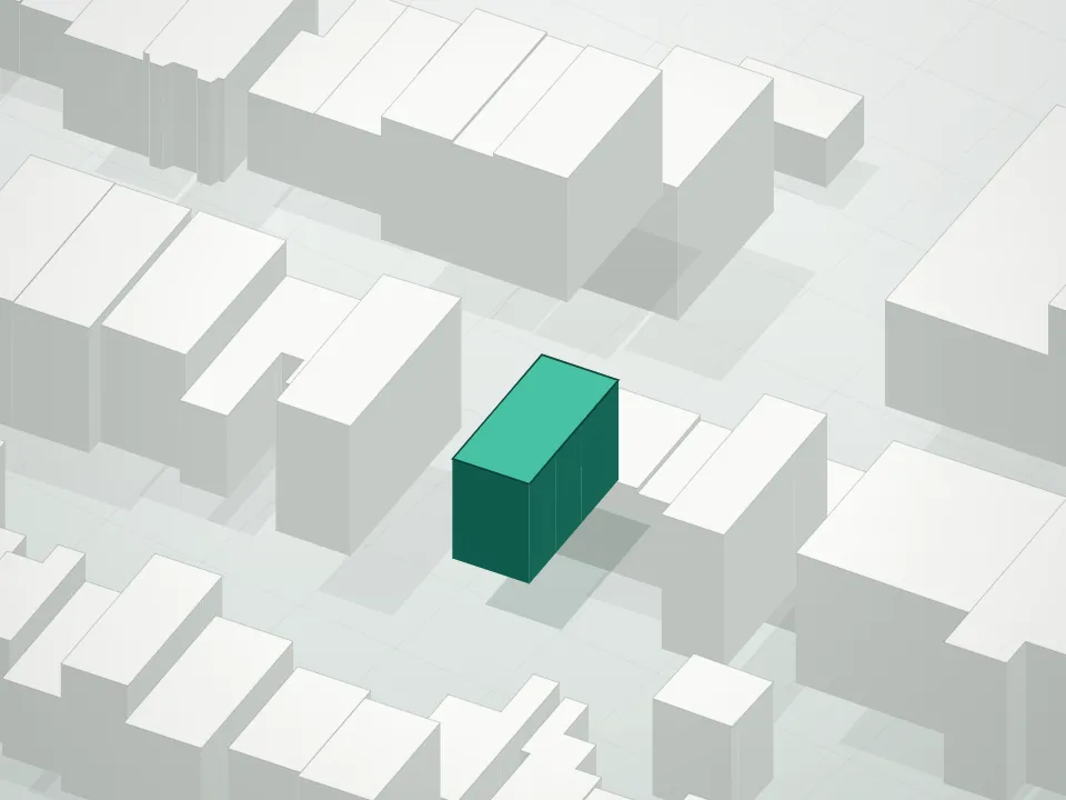 3D massing drawing of 130 Huron Street Condominium and neighboring buildings
