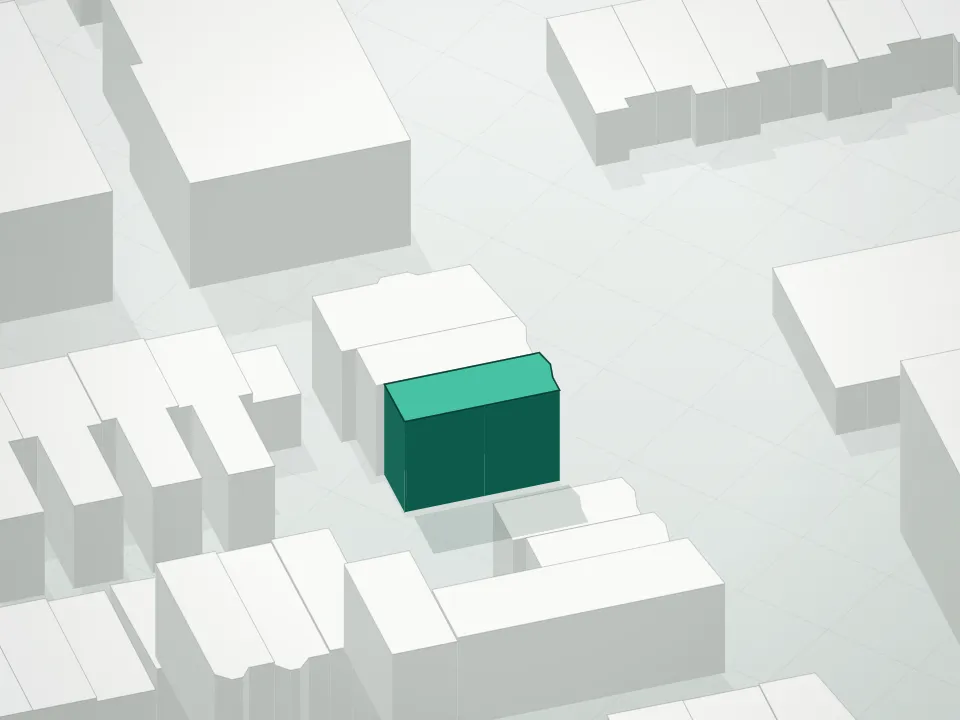 3D massing drawing of Evergreen By Aisen and neighboring buildings