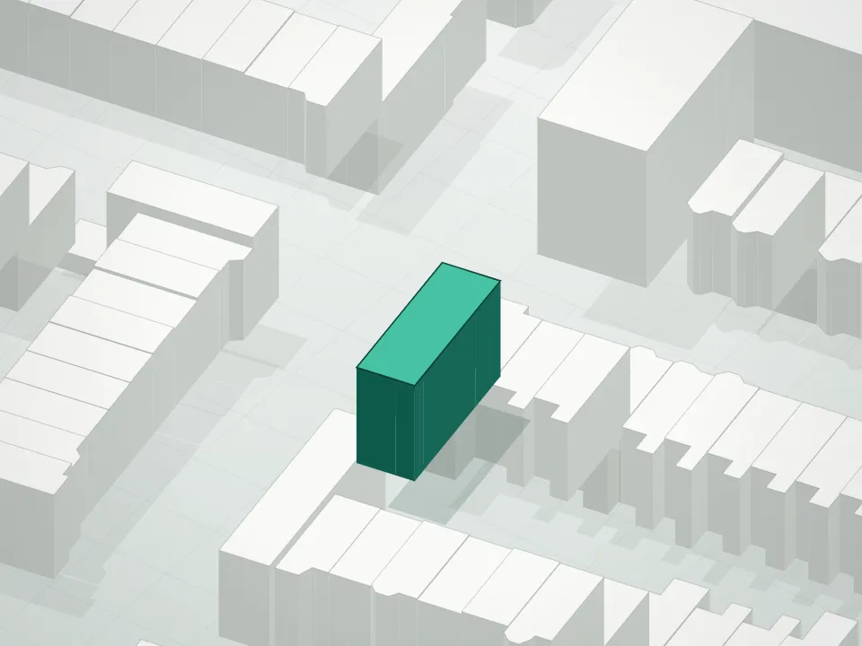 3D massing drawing of 654 Katan Pavilion Condominium and neighboring buildings