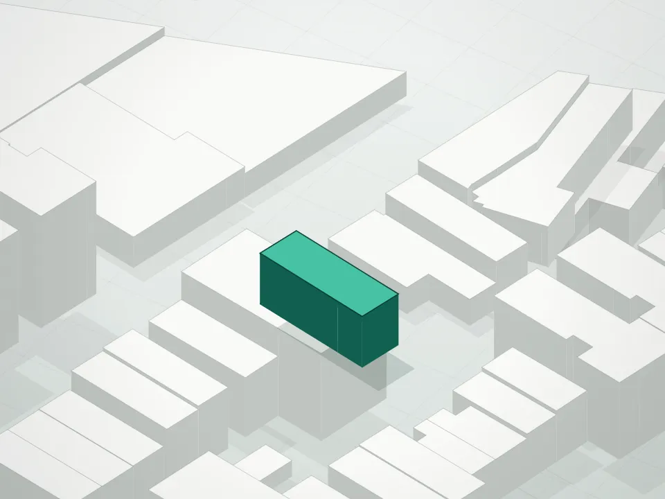 3D massing drawing of Sunny View Condominium and neighboring buildings