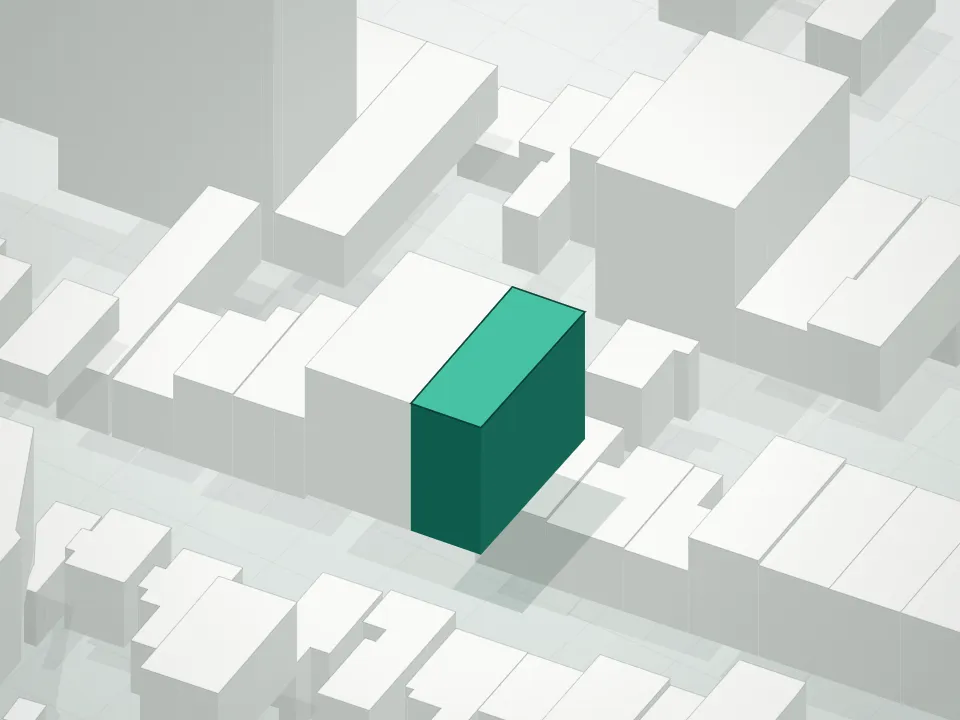 3D massing drawing of 223 Frost Street Condominium and neighboring buildings