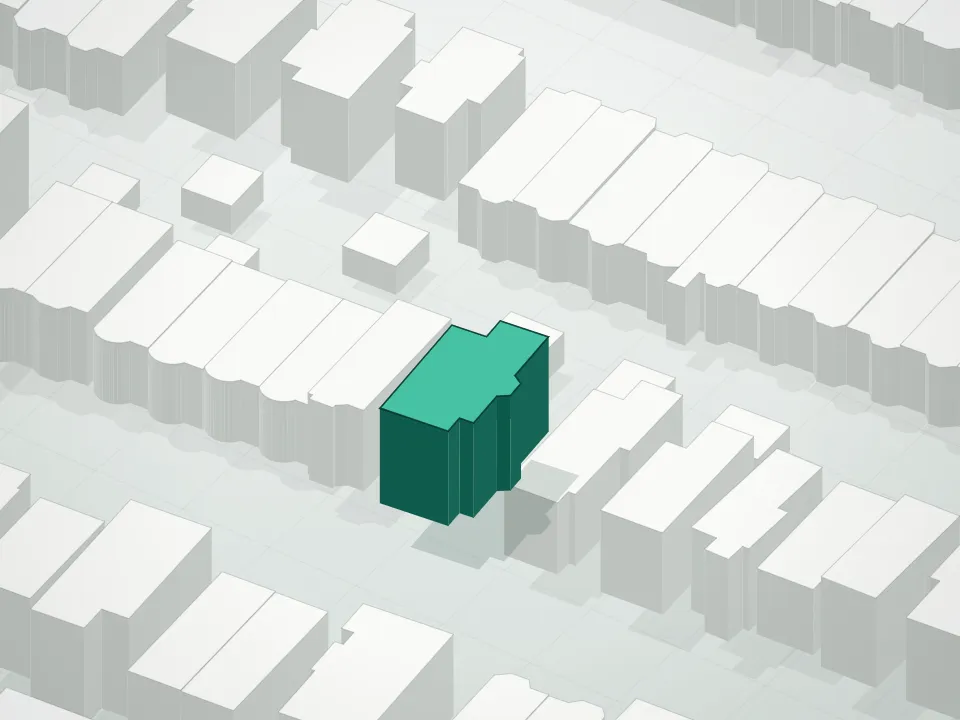 3D massing drawing of 259 Rutland Condominium and neighboring buildings